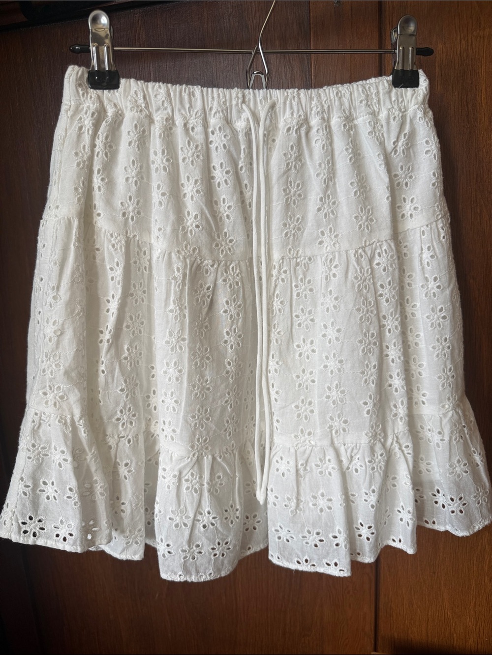 White Eyelet Tiered Skirt with Drawstring Waist